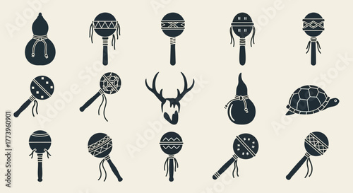 Shamanic ritual objects silhouette icon set vector illustration.