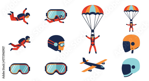 Skydivers and Parachuting Equipment Set.