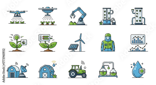 Smart Farming and Agricultural Technology Icons Set.