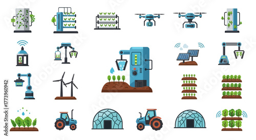 Smart Farming and Agricultural Technology Icons Set.