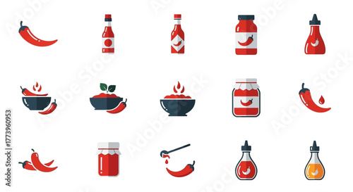 Spicy Chili Pepper and Hot Sauce Icon Set Collection.