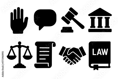 Collection of Black Silhouette Icons Representing Justice Law and Legal System Including Scales of Justice Gavel Court Building Handshake Scroll and Speech Bubble on White Background
