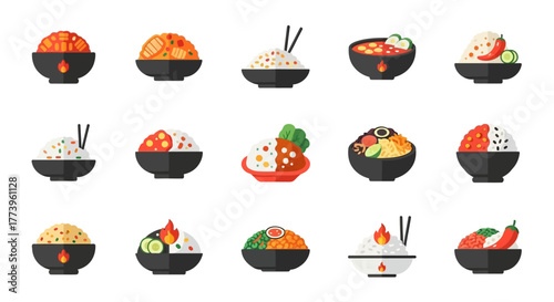 Variety of Rice Bowls with Toppings and Chopsticks in Black Bowls.