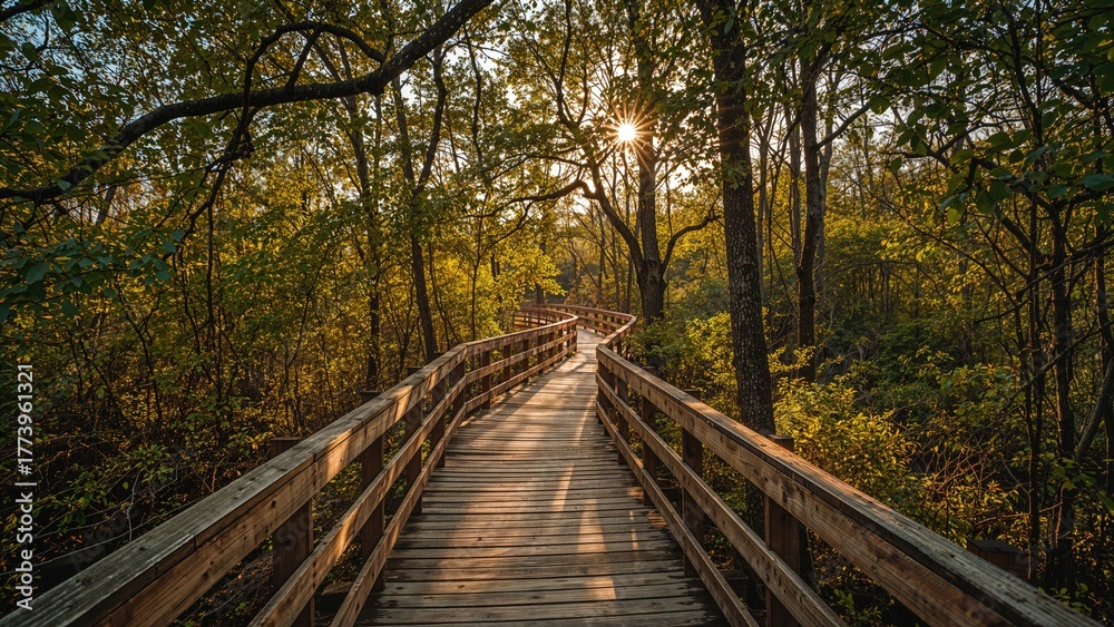 Fototapeta premium Wooden bridge in forest during sunset. Nature, walkway, and trees. The concept of outdoor exploration and serenity. Scenic nature walk.