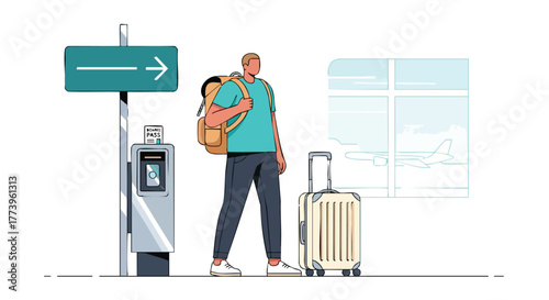 A male traveler with a backpack and suitcase stands near a sign at an airport, ready for departure and anticipating his upcoming journey to a new destination, illustrated in a vector style.