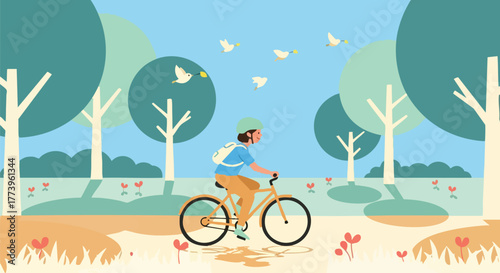 An illustrated scene depicts a person cycling through a park on a sunny day with trees and flowers, evoking a sense of outdoor activity and leisure.