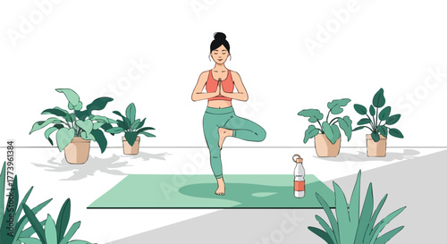 An illustrated woman practices the tree pose yoga on a mat outdoors, surrounded by potted plants, emphasizing wellness and mindful exercise in a serene setting.