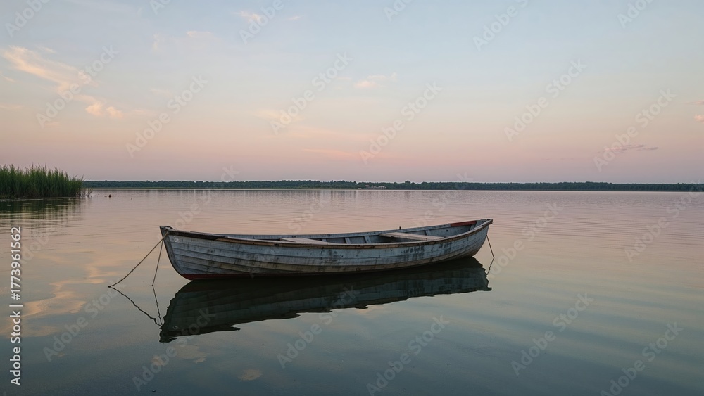 Obraz premium A boat floating on peaceful waters during sunset or sunrise, with a calm and serene landscape.