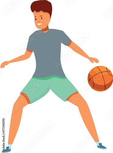 Young man, basketball player, is dribbling and moving with the ball in his hand
