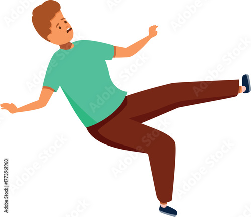 Worried man losing balance, slipping on wet floor, accident in public space