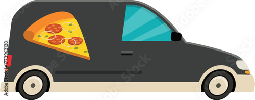 Side view of a dark gray pizza delivery van delivering hot fresh pizza to customers