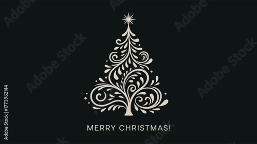 Elegant swirling Christmas tree design with star topper and “MERRY CHRISTMAS!” text on dark background — festive holiday vector artwork