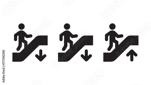 Escalator icon set showing people going up and down simple flat vector glyph for web and mobile design isolated on white background