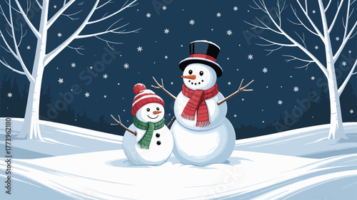 Two cheerful snowmen in snowy landscape under starry winter sky with falling snowflakes and bare trees — festive holiday vector scene