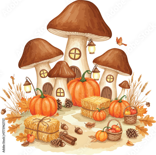 Whimsical autumn mushroom houses with pumpkins and hay bales in a cozy scene