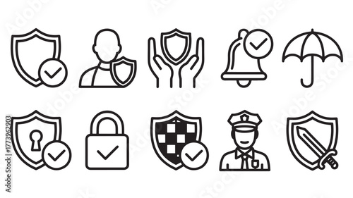 Set of security and protection icons simple line vector symbols for safety and insurance isolated on white background