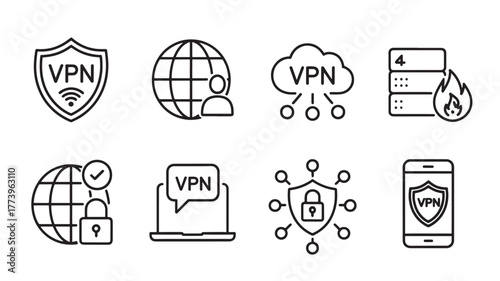 VPN and network security icons thin line vector set for secure connection and data protection isolated on white background