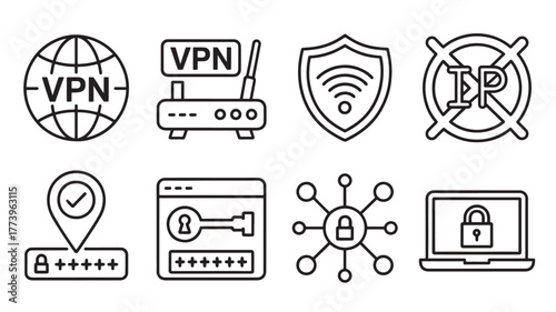 Set of VPN security icons simple line vector illustration for network protection isolated on white background