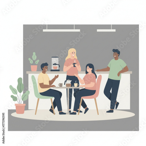 A group of colleagues are relaxing and chatting in the office break room while enjoying coffee together.