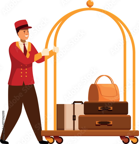 Bellboy carrying luggage on a trolley, hotel baggage cart, hospitality service, tourism and travel concept
