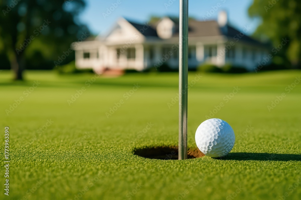 Obraz premium A close-up golf ball sits beside the hole on a sunny green, with a bright countryside house softly blurred in the background, capturing a calm sporting moment.
