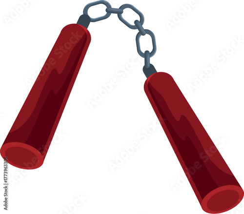Red nunchaku with metal chain is swinging in the air, showing traditional martial arts weapon