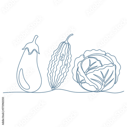 Line art of eggplant, bitter melon, and cabbage