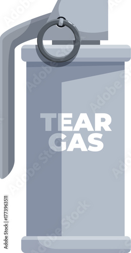 Metal tear gas grenade with safety ring and lever, ready to be thrown for crowd control