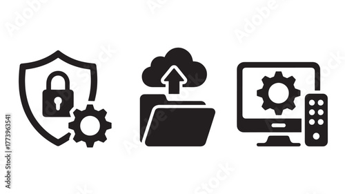Set of security cloud upload and computer setting icons simple flat vector design element for web and mobile apps isolated on white background