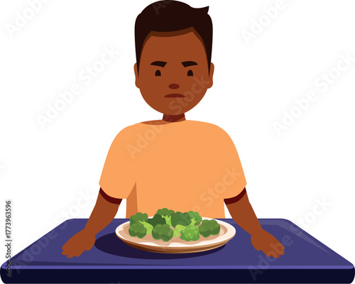 Upset child refusing to eat a plate of broccoli, demonstrating a dislike for vegetables and picky eating habits