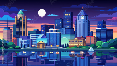 Very beautiful panoramic view of Evansville, Indiana, USA skyline at blue hour, featuring illuminated downtown buildings, river reflections, and the serene evening atmosphere of the city.