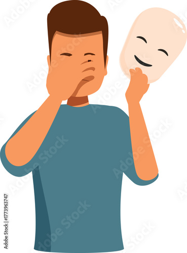 Depressed man covering his face with his hand while holding a smiling mask, expressing the concept of hidden emotions and fake happiness