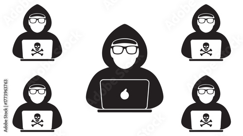 Hacker with laptop vector icon anonymous person in hoodie concept for cyber security and data theft
