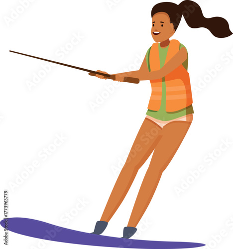 Smiling woman wearing life jacket waterskiing, enjoying summer activity