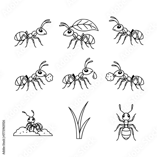 Simple line art vector collection of nine cartoon ants in various poses, including carrying a leaf, a crumb, or emerging from an anthill, with a blade of grass.