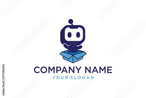Cute Robot Chatbot Logo Design - AI Assistant Emerging from a Blue Box