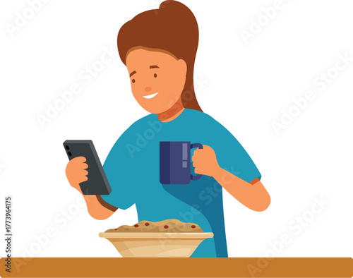 Young woman drinking coffee, using phone, and eating breakfast at the table