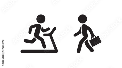 Stick figure running on a treadmill contrasting with a stick figure walking to work with a briefcase vector illustration for lifestyle and career balance
