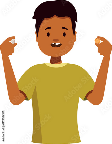 Young boy holding his lost milk tooth and the gold coin he received in exchange, celebrating a childhood milestone