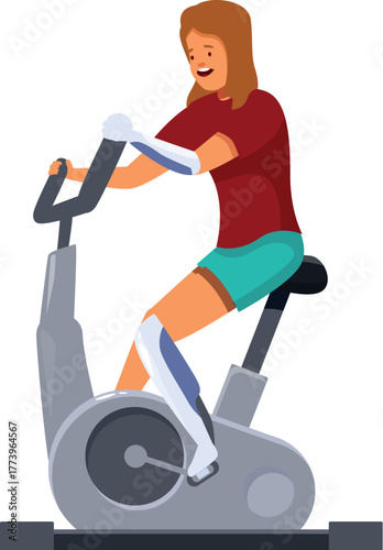 Happy sportswoman with prosthetic arm and leg exercising on stationary bike, promoting inclusivity and active lifestyle