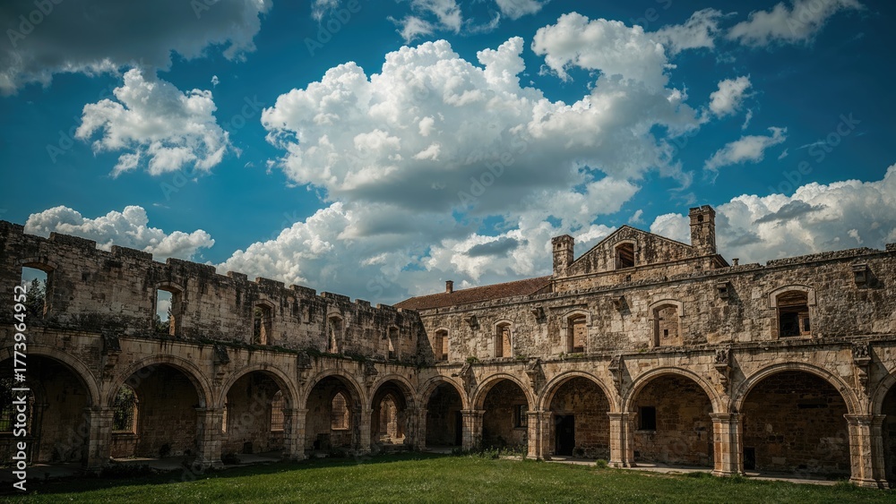 Obraz premium Ancient stone building with arches under a cloudy sky, showing historical architecture and open courtyard.