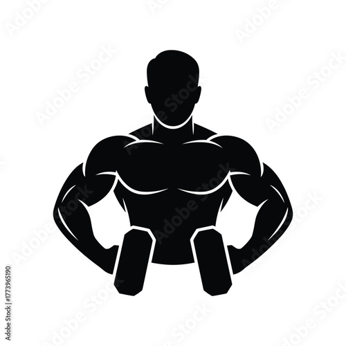 Bodybuilder silhouette holding dumbbells, fitness and gym logo design, muscular man illustration