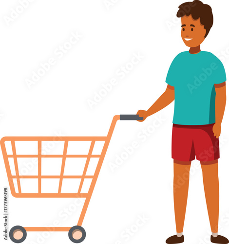 Young man smiles while pushing an empty shopping cart, ready to fill it with groceries or other retail items