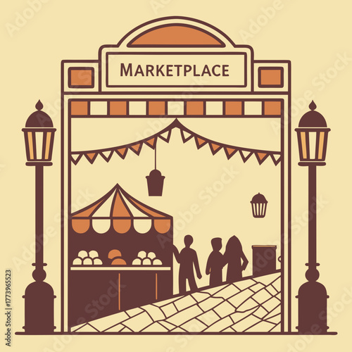  Vibrant Traditional Bazaar Market Street Scene with Colorful Vendor Stalls Ornate Architecture Hanging Lanterns Decorative Bunting Festival Shopping Marketplace Entrance Vector Background