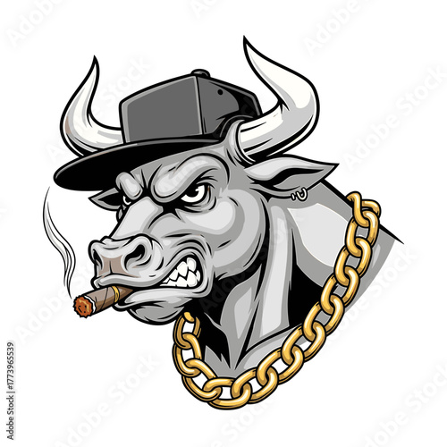 A stylized illustration of an angry bull wearing a cap and smoking a cigar, with a gold chain.