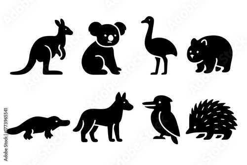 Collection of Australian Wildlife Icons Silhouette Set Featuring Kangaroo Koala Emu Wombat Platypus Dingo Kookaburra and Echidna on White Background
