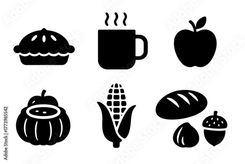 Set of six black food icons including pie coffee cup apple soup corn bread nuts and acorn on white background
