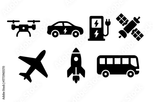Set of black silhouette icons representing modern transportation and technology including a drone an electric car a satellite a rocket ship an airplane a bus and an electric charging station on a