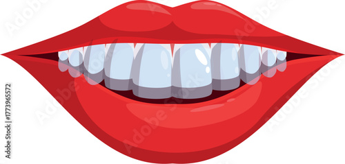 Smiling female red lips with white teeth isolated on white background