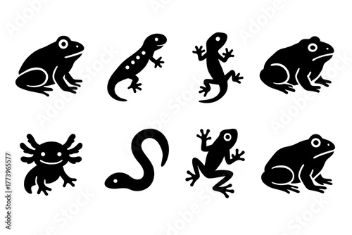 Collection of Black Amphibian and Reptile Silhouettes on White Background Featuring Frogs Salamanders Axolotl and Snake Vector Art Minimalist Style